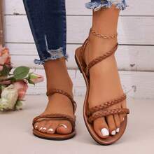 新款时尚PU皮编织凉鞋，适合海滩、派对、四季穿着 - 巧克力棕 - 查看 1