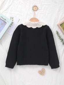Infant Girls' Knitted Embroidered White Lace Collar Cardigan Sweater, Suitable For Casual Wear Or Outings - Black - View 7