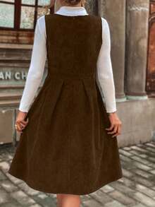 优雅无袖灯芯绒纯色荷叶边连衣裙 大码女式黑色茶色拉链褶皱灯芯绒背带裙 女式纯色修身无袖连衣裙 - 黑茶色 - 查看 4