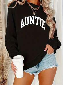2026 Women's Auntie Letter Print Sweatshirt, Casual Crewneck Long Sleeve Pullover, Soft Machine Washable Polyester Top, Fall Winter Novelty Cozy Wear, Women's Graphic Tee, Fall Streetwear,End Of Season,Final Stock,Fan Favorite.,Stretchy Fabric, All-Season Washable, Durable For Daily Wear,Going Out Tops.,Soft & Comfortable For Daily Wear, Versatile Basic Tops For Spring And Summer.Plus Size Long Sleeve Tops Women Spring Outfits Spring Break Summer Sweatshirts Loose Comfy Wear. - 黑色 - 查看 7