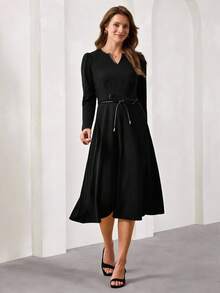 Amorya V-Neck Long Sleeve Waist Cinched Elegant Women Dress - Black - View 3