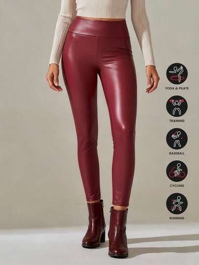 Leggings de cintura alta de mujer de piel de PU, forrados térmicos, pantalones elásticos y cálidos para hacer ejercicio, negro sólido, suaves y cómodos, adecuados para yoga o uso casual, todo el año | Textura suave | Pantalones de piel de PU, capa base de fitness para invierno