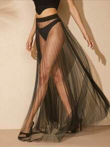 性感透视褶皱黑色网纱长裙，休闲涤纶面料 - 彩色 - 查看 3