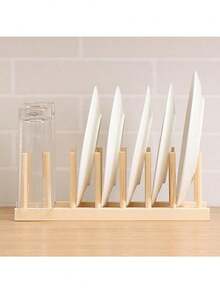 Rejilla de 8 espacios para vajilla, tabla de drenaje de madera, dispositivo de drenaje seco, estante de almacenamiento, organizador vertical de gabinete para vajilla/platos/tazones/tazas - Beis - Ver 7