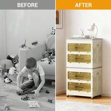 CuteHairy Large Folding Storage Box Stackable Case Cabinet Closet Home Organizer On Wheels - Beige - View 3