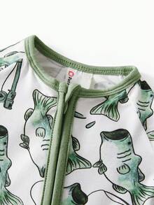 Bamboo Fiber Short Sleeve Zippered Unisex Baby Cartoon Jumpsuit - 綠色 - 查看 4