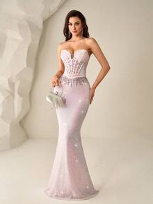 Novo vestido de noite formal sem alças, sexy e elegante, estilo sereia, com lantejoulas, missangas e franjas, adequado para festa de aniversário, receção de casamento, jantar formal, evento de tapete vermelho, gala, baile de caridade de luxo - Baby Rosa - Ver 1
