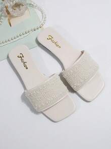 Damen Riemchen-Sandalen mit Strass-Verzierung, vielseitig einsetzbare Outdoor-Plastik-Flachsandalen - Weiss - Übersicht 7