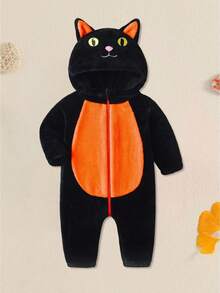 Mono de bebé de manga larga con capucha y cierre de cremallera de gato para otoño, ropa para niños y niñas - Naranja - Ver 1