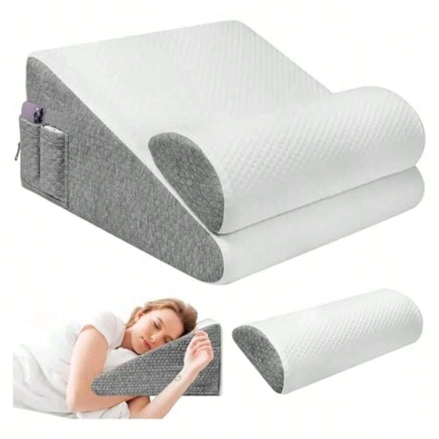 Triangle Sponge Bed Wedge Pillow : 50x50x26cm 2-In-1 Anti-Reflux Set - Grey And White Relief For Back Pain GERD And Acid Reflux Removable Washable Cover With Non-Slip Base - White - View 1