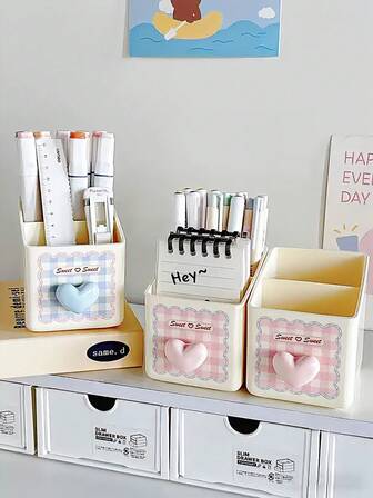 1pc Love 2-Grid Desktop Stationery Storage Box, Love Pen Holder, Large Capacity Makeup Brush Holder, Makeup Desk Manager, Used For Storing Stationery, Pens, Rulers, Suitable For Students Returning To School And Office Supplies, Stationery Storage Box, Pen Holder, Pen Holder, Christmas Gift, Gift For Friends