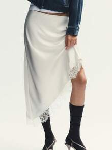 Women Asymmetrical Midi Skirts Casual Elegant Lace Hem Santin Skirt For Beach Vacation Office - 白色 - 查看 1