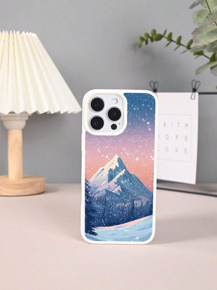 Funda de Silicona TPU para iPhone X/XS/11/12/13/14/15/16 y S22/S23/S24/S25 con Diseño de Montaña Nevada y Estrellas, Estilo Artístico Nórdico, Resistente y Ligera, Ideal para Jóve - Blanco - Ver 1