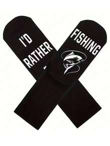 1 Pair Men's Funny Fishing Pattern Mid-Calf Socks, Great Gift For Fishing Enthusiasts, Birthday, Christmas, Suitable For Men, Women And Teenagers, Novelty Socks - Black - View 2