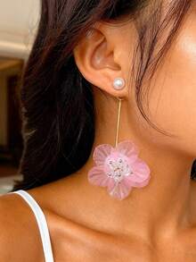 1 Pair Long Flower Petal Earrings, Pink, New Spring/Summer Jewelry For Women - Multicolor - View 2