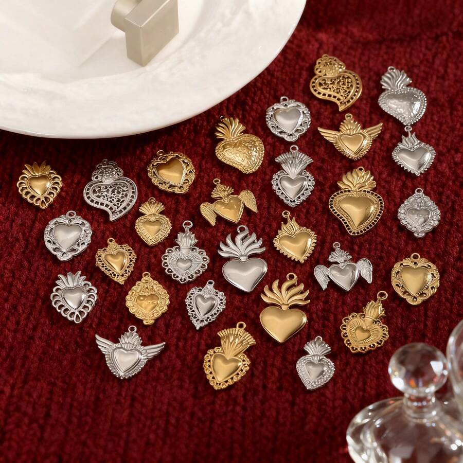 1件 304不锈钢镀18K金极简镂空蕾丝心形吊坠，女士不锈钢吊坠DIY配件 - 彩色 - 查看 1