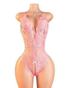 Deep V Lace Backless Bodysuit, Crotchless Open Bra Erotic Lingerie & Underpants, Women's Sexy Clothing - 粉色 - 查看 8