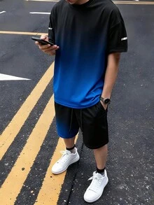 Men's Casual Fashion T-Shirt And Shorts Set, Outdoor Sports Short Sleeve And Shorts Set - Blue - View 1