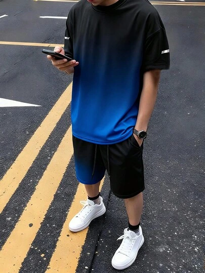 Men's Casual Fashion T-Shirt And Shorts Set, Outdoor Sports Short Sleeve And Shorts Set