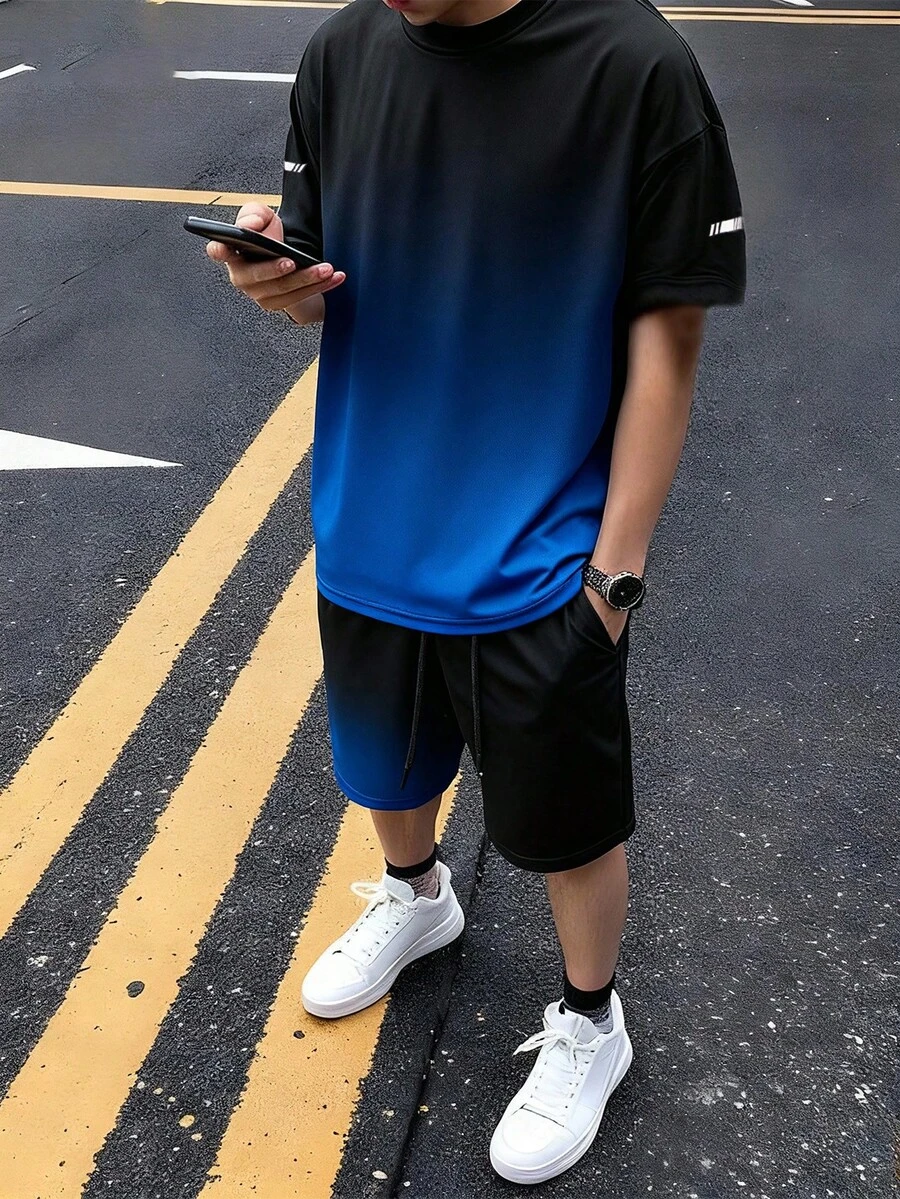 Men's Casual Fashion T-Shirt And Shorts Set, Outdoor Sports Short Sleeve And Shorts Set - Blue - View 1