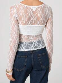 Women's Spring Sheer Short Blouses Long Sleeve Round Neck  Lace Party T-Shirts - 白色 - 查看 3