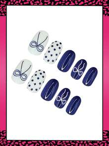 Bộ 24 móng tay giả ngắn hình bầu dục chấm bi màu xanh dương, móng giả phủ toàn bộ bề mặt, bóng mượt, kèm 2 phụ kiện, thích hợp làm móng cho phụ nữ và bé gái, quà tặng tuyệt vời. - Nhiều màu - Xem 3