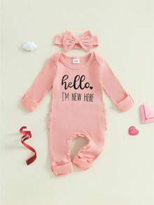 Newborn Baby Girls Rompers Knit Round Neck Long Sleeve Infant Fall Jumpsuits With Headband Coming Home Outfit - Hồng - Xem 1