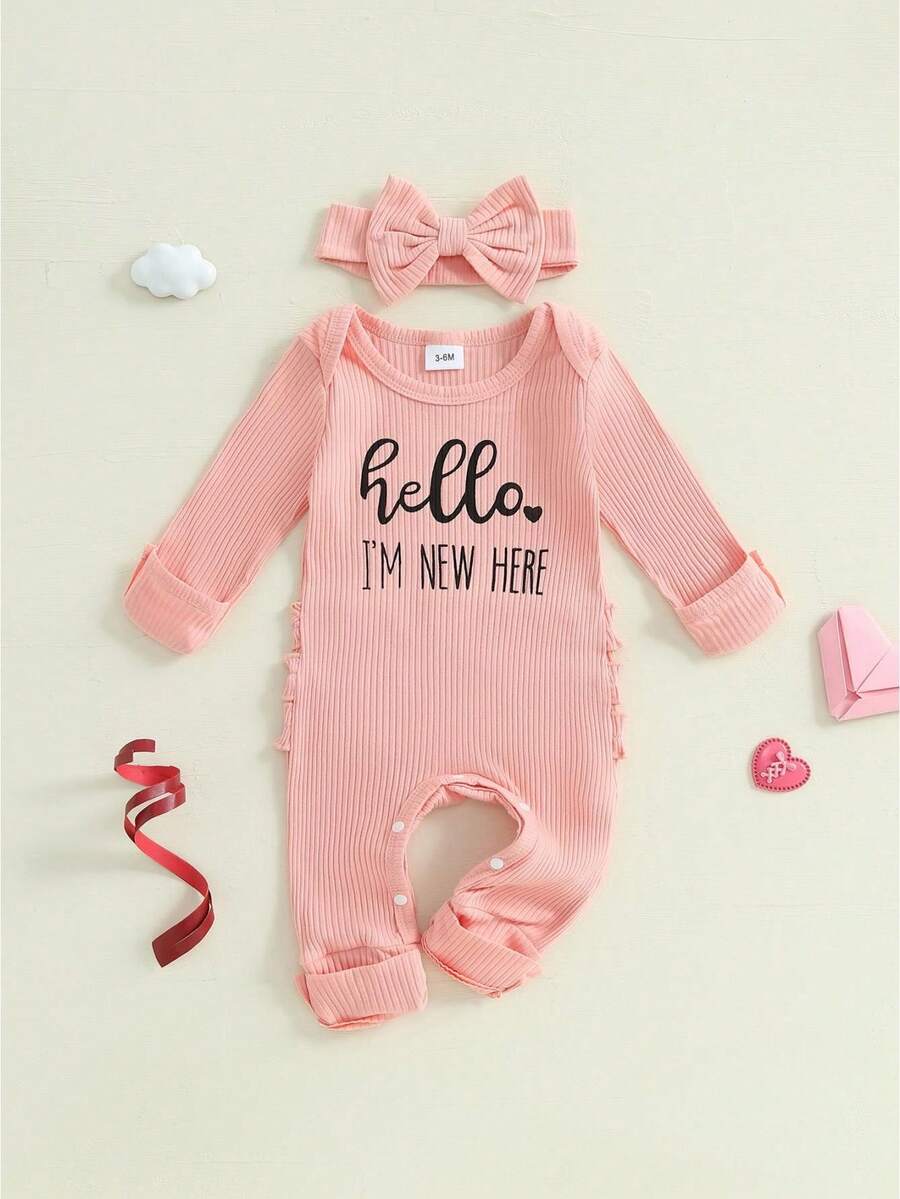 Newborn Baby Girls Rompers Knit Round Neck Long Sleeve Infant Fall Jumpsuits With Headband Coming Home Outfit - Hồng - Xem 1