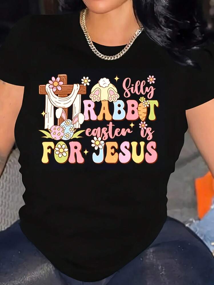Camiseta de Pascua para Mujeres de 220g de Peso Pesado - Patrón de Conejo y Jesús, Colorido Huevo de Pascua, Manga Corta, Cuello Redondo, Top Casual, Celebración de Primavera, Talla, Top de Moda | Camiseta de cuello redondo | Camisetas deportivas de ajuste cómodo, sudaderas de gimnasio, camisetas de mujer, camisetas de Navidad, camiseta deportiva de mujer - Negro - Añade 5