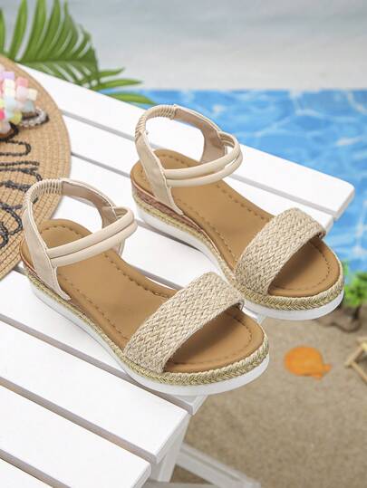 1 Pair Brown Sandals For Teenage Girls, Fashion Thick-Sole Round-Toe Girls' Sandals, Summer Comfortable Lightweight Woven Rope Children Shoes, Suitable For School And Daily Wear