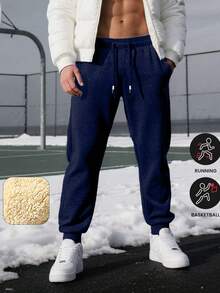 Pantalones deportivos de invierno con forro térmico para hombres, cintura ajustable con cordón, bolsillos laterales, estampado de moda, adecuados para actividades al aire libre, uso diario, viajes, regalo del Día de San Valentín - Azul Marino - Ver 6