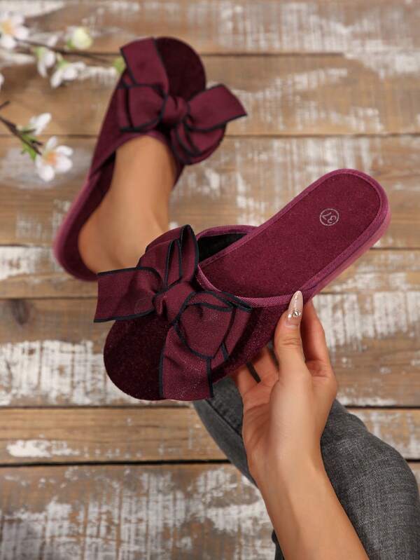 1 Pair Handmade Floral Bow Decor Vintage Round Toe Slippers, Comfortable Lightweight Indoor Slippers, Plus Size, Available In Black, Burgundy, Silver And More Colors