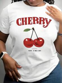 Cherry Print T Shirt White Cherry Fruit And Text Happy Have A Nice Day Graphic Tee Casual Wear For Women Everyday Outfit Summer Style - White - View 1