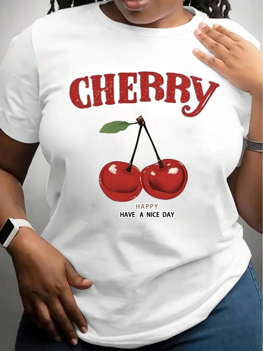 Cherry Print T Shirt White Cherry Fruit And Text Happy Have A Nice Day Graphic Tee Casual Wear For Women Everyday Outfit Summer Style - White - View 1