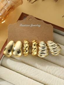 6/18pcs New ABS Resin & CCB Gold Color Exaggerated C-Shaped Geometric Earring Set, Fashionable & Elegant, Suitable For Daily Wear And Holiday Gifts, Delicate Festival Presents