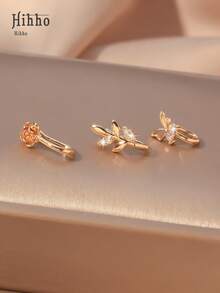 Hihho 3 件/套 流行水钻叶子和心形装饰鼻套 铜色 简约时尚 适合女士和女孩 情人节