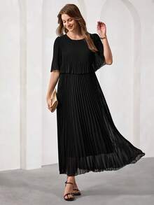 SHEIN Clasi 女士纯色圆领短袖褶皱宽松优雅连衣裙 - 黑色 - 查看 4