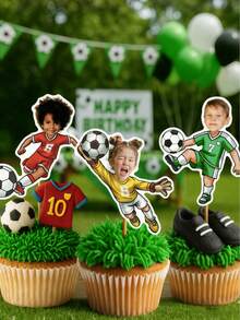 10/25/50/100/150pcs Personalized Football Face Cupcake Toppers, Customized Photo Face Football Theme Party Decorations, Sports Birthday Cupcake Toppers - Multicolor - View 6