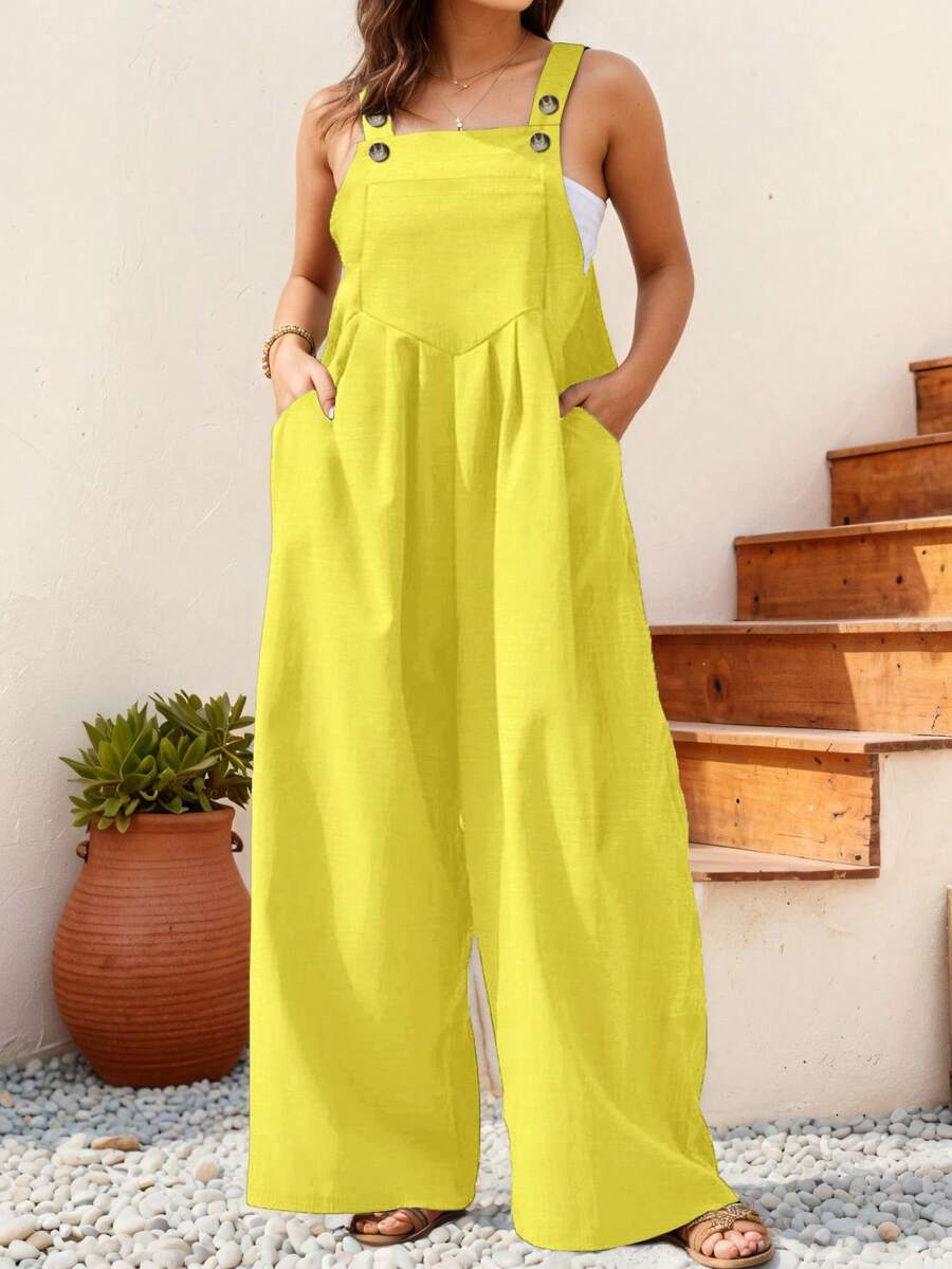 Plus Size Women's Pleated Wide Leg Casual Solid Color Bib Pants, Autumn/Winter - Yellow - View 1