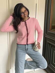 Women's Contrast Trim Round-Neck Long-Sleeved Button-Up Cardigan, Popular In Autumn And Winter, Casual Streetwear, Fall, Out-Going, Christmas, Thanksgiving