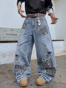 1件男士美式街头风刺绣做旧阔腿牛仔裤，宽松休闲舒适学院风毛边裤脚百搭牛仔裤（不含腰带或配饰） - 藍色 - 查看 2
