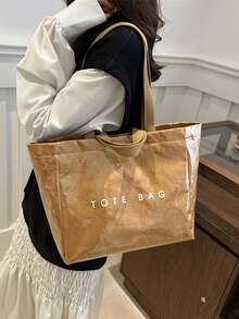 时尚手提包，大容量女士手提包，休闲百搭高品质日常通勤包，时尚购物袋 - 卡其色 - 查看 4