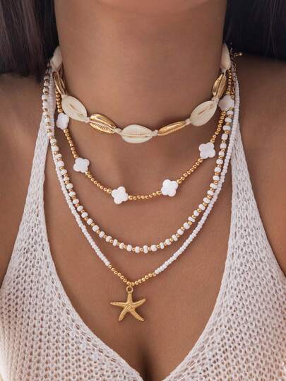 imoli 4 件波西米亚风格三叶草树脂串珠海星吊坠项链套装，适合中东斋月、海滩派对、礼物（手工项链按尺寸、珠子数量和尺寸定制）
