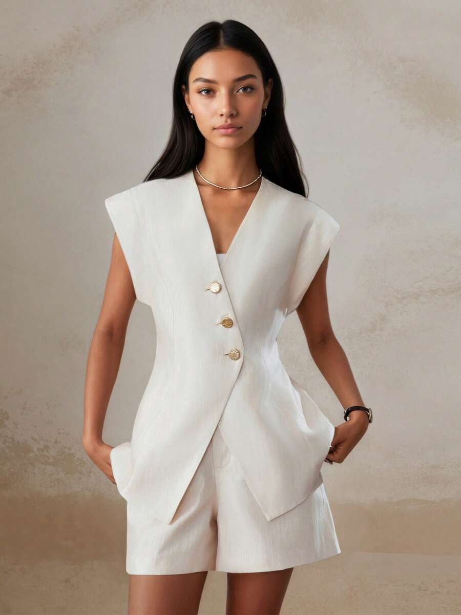 2pcs V-Neck Vest Suit For Women, Commuting Casual Fashion Slimming Versatile Top & Shorts Set - Apricot - View 1