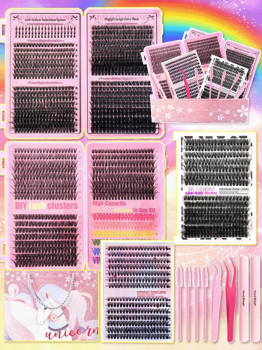 New Arrival 12-Piece Fluffy Eyelash Set - With Bottom Lashes/'s Eye Style/Fairy Lashes/Full Thick Clusters (30D-100D), Easy Beginners & Pros, Travel/Dances/Gatherings/Daily/Holiday Gifts - 黑色 - 查看 1