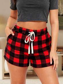 Womens Plaid Shorts Casual Elastic Waist Drawstring Mini Lounge Shorts With Pockets For Daily - Red - View 2