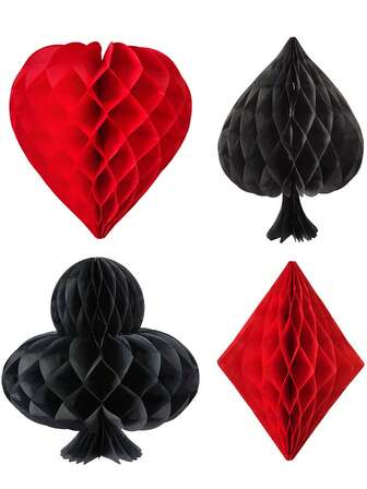 4pcs Red & Black Poker Themed Paper Honeycomb Decorations | Vegas Style Party Decor For Casino Night, Birthday Ceiling Hangings & Bingo Games