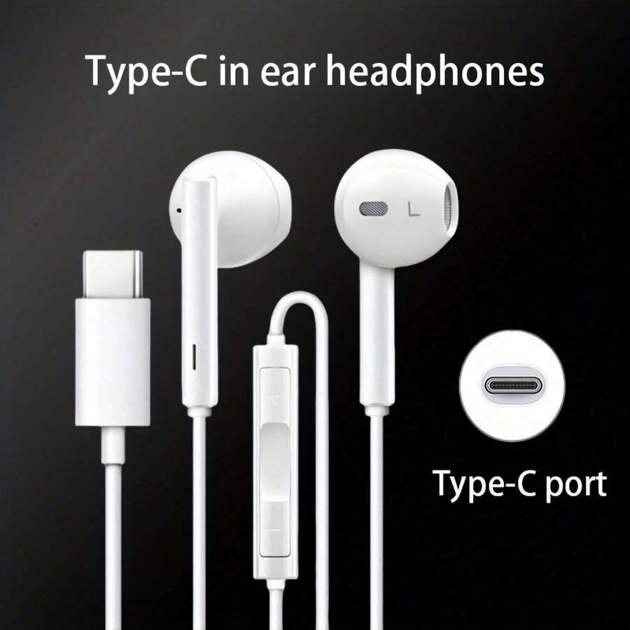 Type-C Wired In-Ear Earphones With Mic And Volume Control HiFi Stereo For IPhone 16/15,23/S22/S21/Ultra Note 10/20,IPad Pro,Pixel 7/6/6a/5/4+ - Type-c - View 1