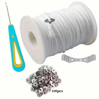 DIY蜡烛制作套装 - 61米无烟香氛圆柱形烛芯，包含烛台、工艺材料和工具