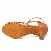 1 Pair 2.8 Inch Women's Latin Dance Shoes, Soft Sole Satin Material, Professional Dance School Performance Shoes - Brown - View 4